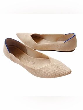Rothy’s The Point Woman Tan Beige Ecru Blue Comfort Knit Ballet Flat Shoe 7